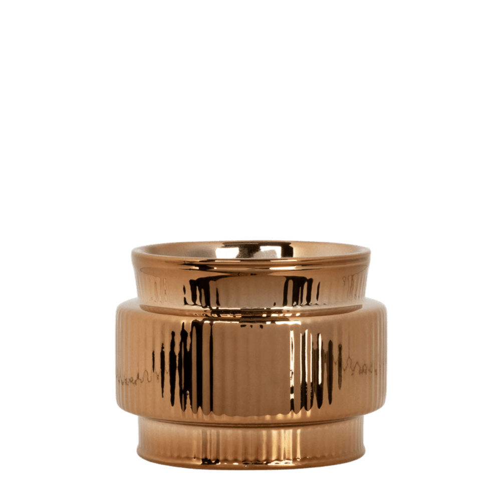 Cache-pot céramique nervuré métallisé - reflets miroir - bronze - ø12cm