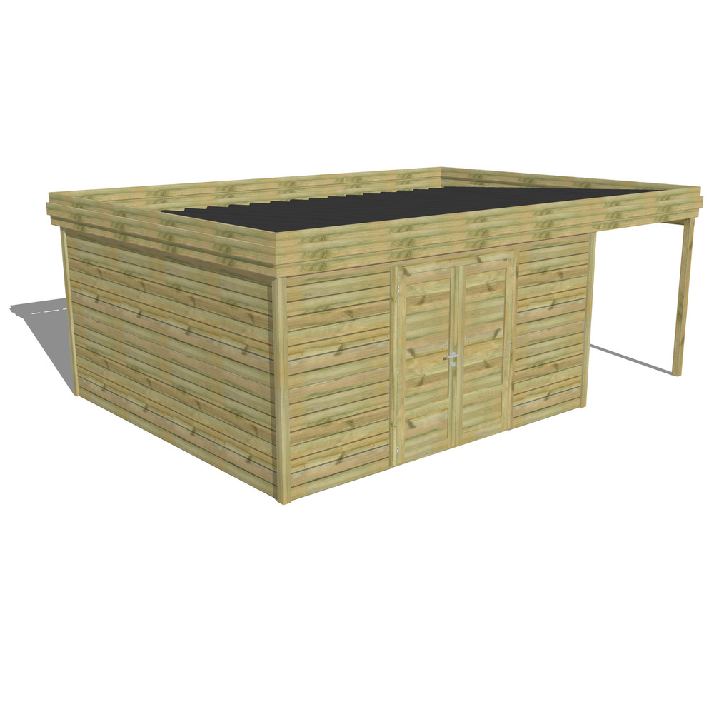 Abri de jardin bois pin traité autoclave 27mm - 6,34x4,34m / 28m2 - bac acier - abri français