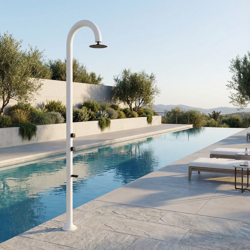 Douche aluminium blanche avec mitigeur installation interneexterne accessoires