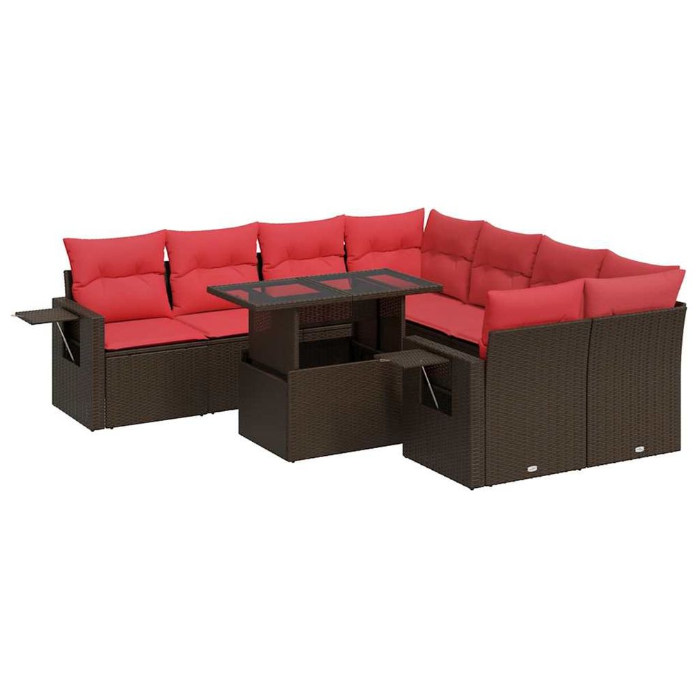 Salon de jardin avec coussins 9 pcs marron résine tressée acacia