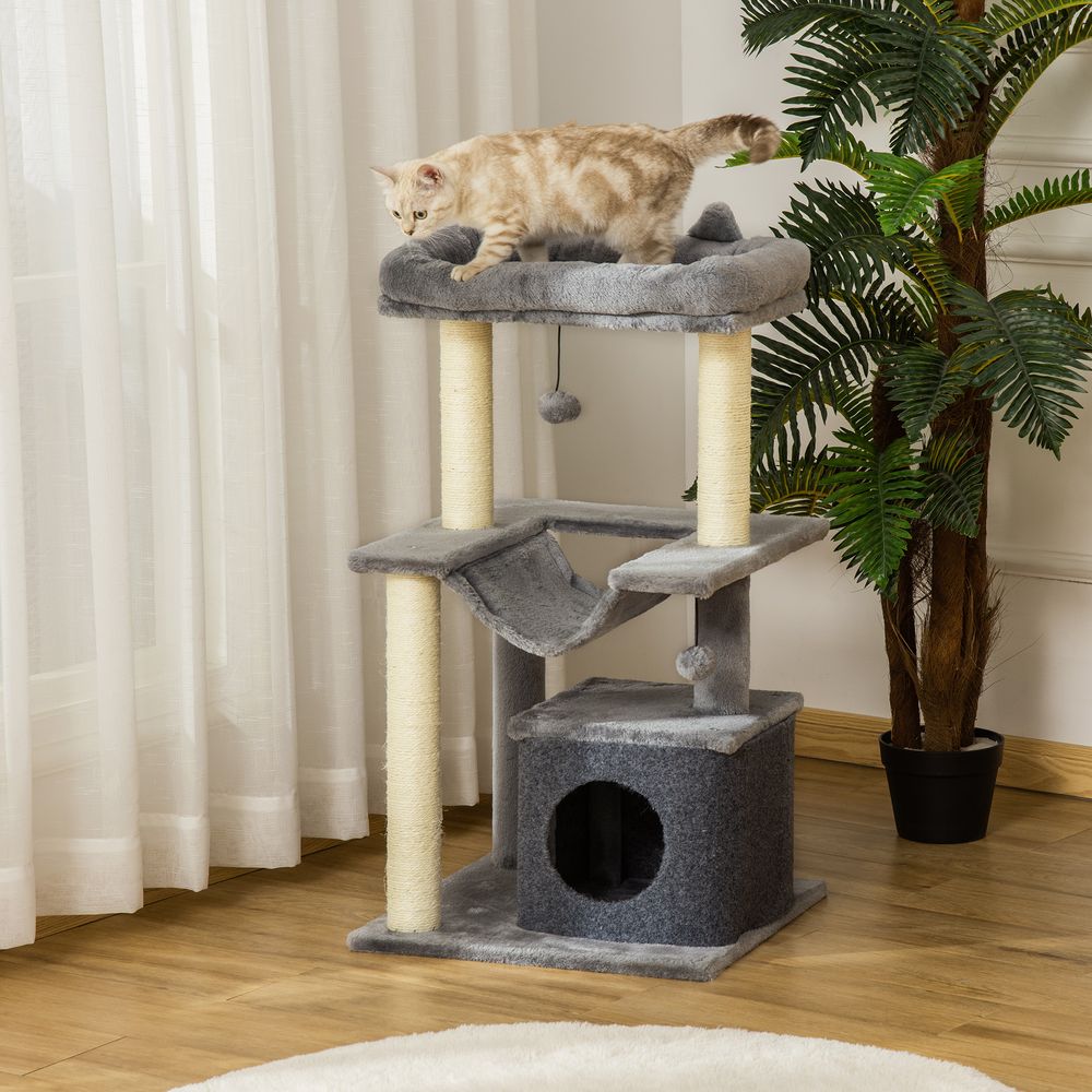 Arbre à chat avec griffoir, en tissu peluche, tour de jeux pour chat, lit, niche, hamac, plateforme 48 x 48 x 90 cm gris