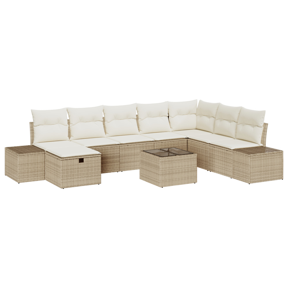 Set de canapé de jardin 9 pièces avec coussins beige en poly rotin