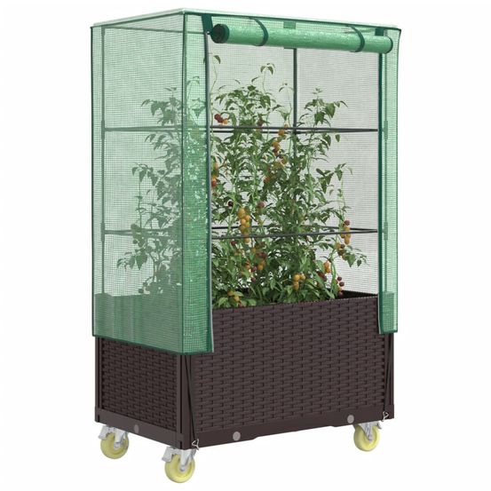 Jardinière mobile surélevée aspect rotin avec serre et roues pour terrasse 50x80cm brun