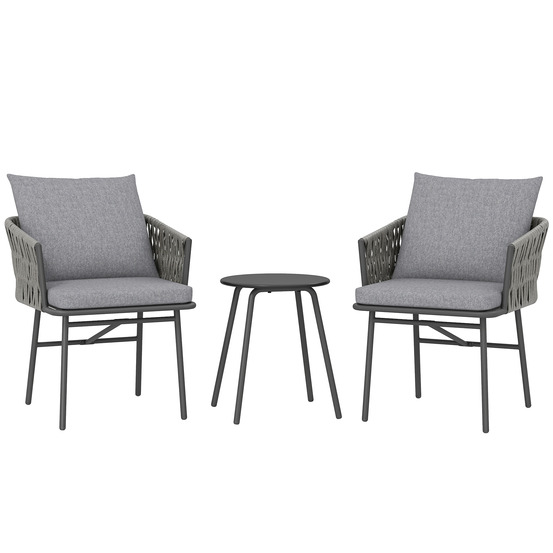 Mobilier de jardin extérieur 3 pièces : 2 fauteuils + table, rotin synthétique, cadre acier, 4 coussins, gris