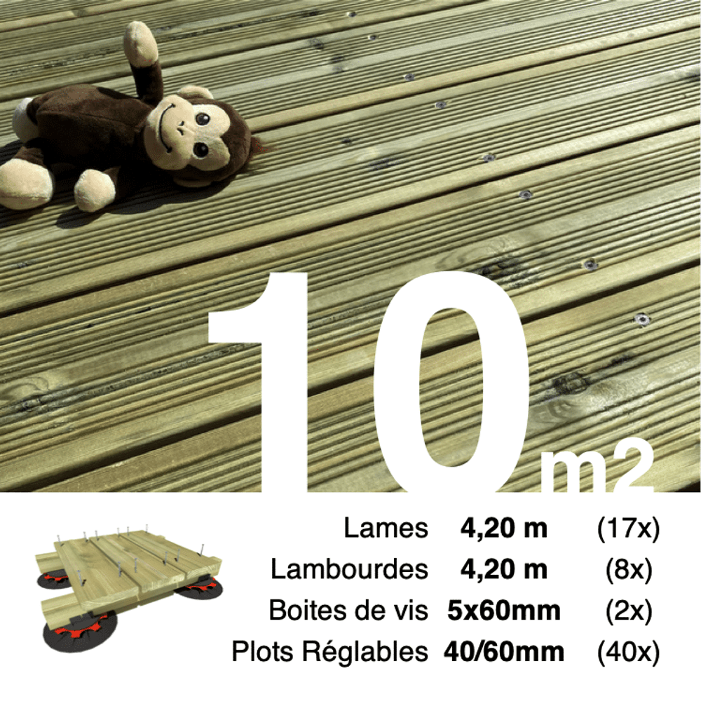 Kit complet terrasse pin autoclave vert pour 10 m², lames 4,2 m, lambourdes 4,2 m, plots réglables et visserie inox.
