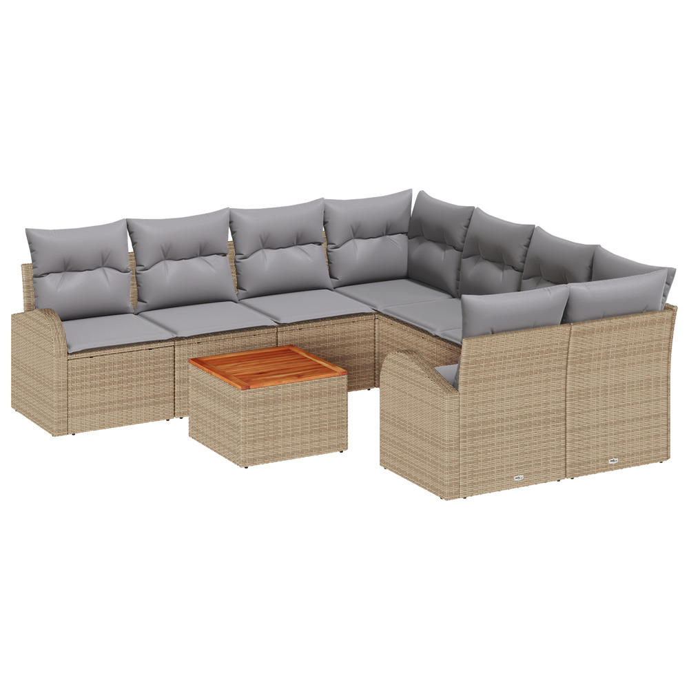 Ensemble de canapé de jardin 9 pièces avec coussins beige poly rotin acacia