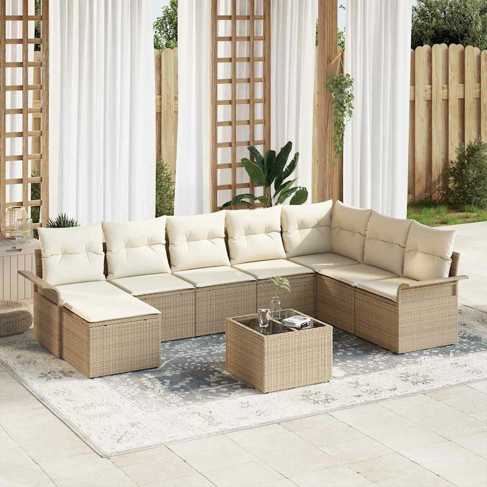 Ensemble de canapé de jardin avec coussin 9 pcs beige polyrotin