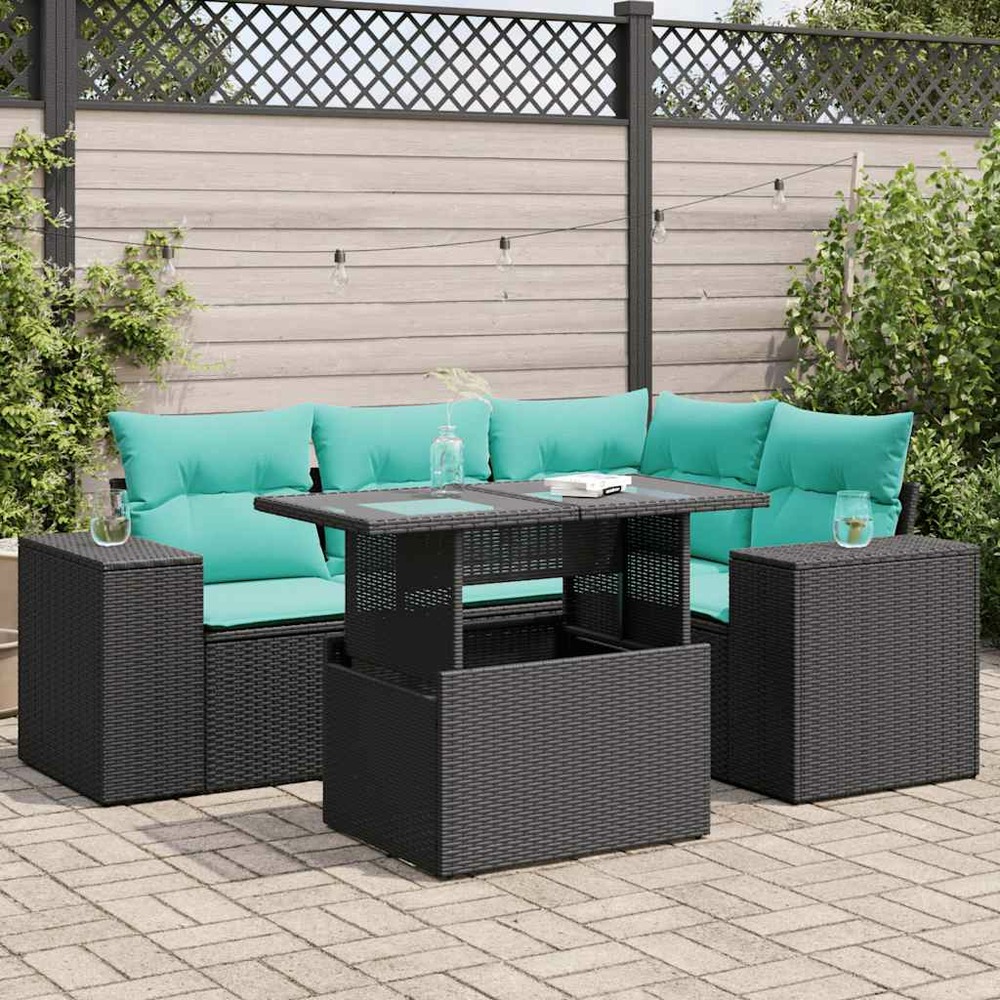 Salon de jardin 5 pcs avec coussins noir résine tressée acacia