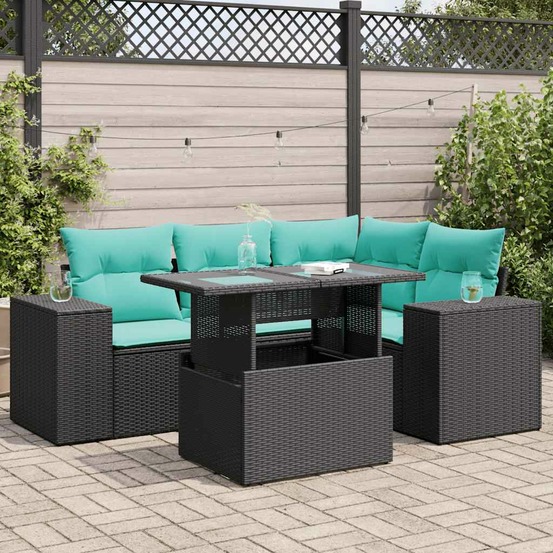 Salon de jardin 5 pcs avec coussins noir résine tressée acacia