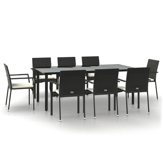 Ensemble à manger jardin 9pcs et coussins noir résine tressée
