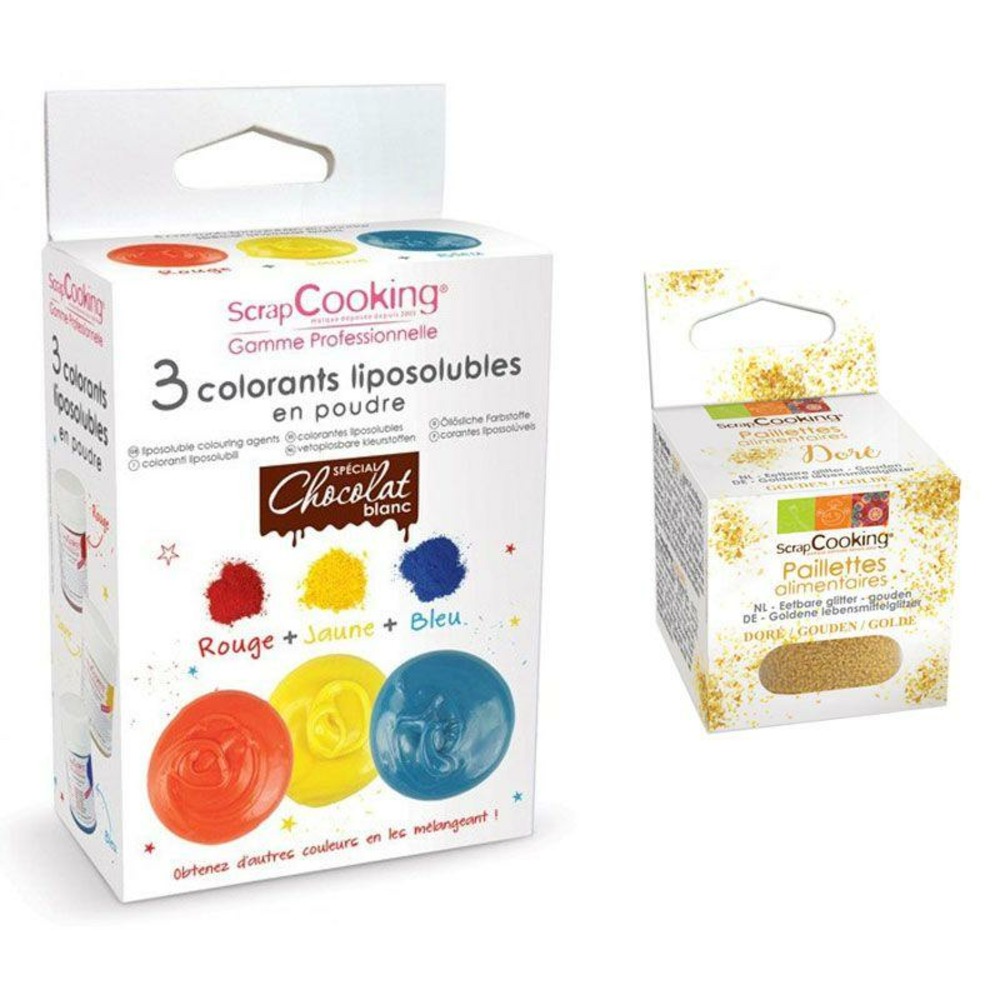 3 colorants liposolubles en poudre + paillettes dorées