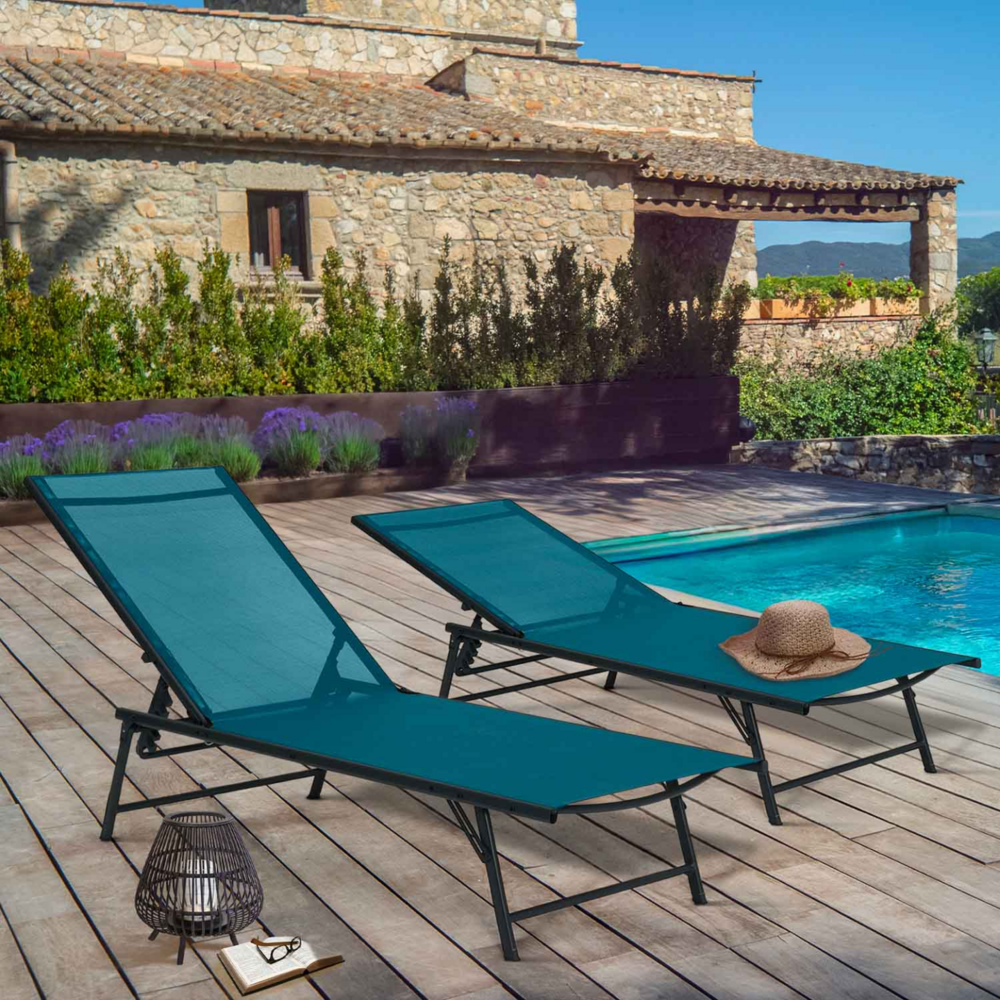 Lot de 2 transats de jardin inclinables kailua en acier gris anthracite et toile bleu canard