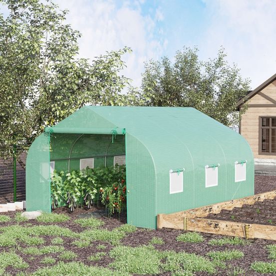 Serre tunnel pe et acier 350 x 300 x 200 cm vert foncé pour potager porte et 6 fenêtres - comfortxl outdoor living