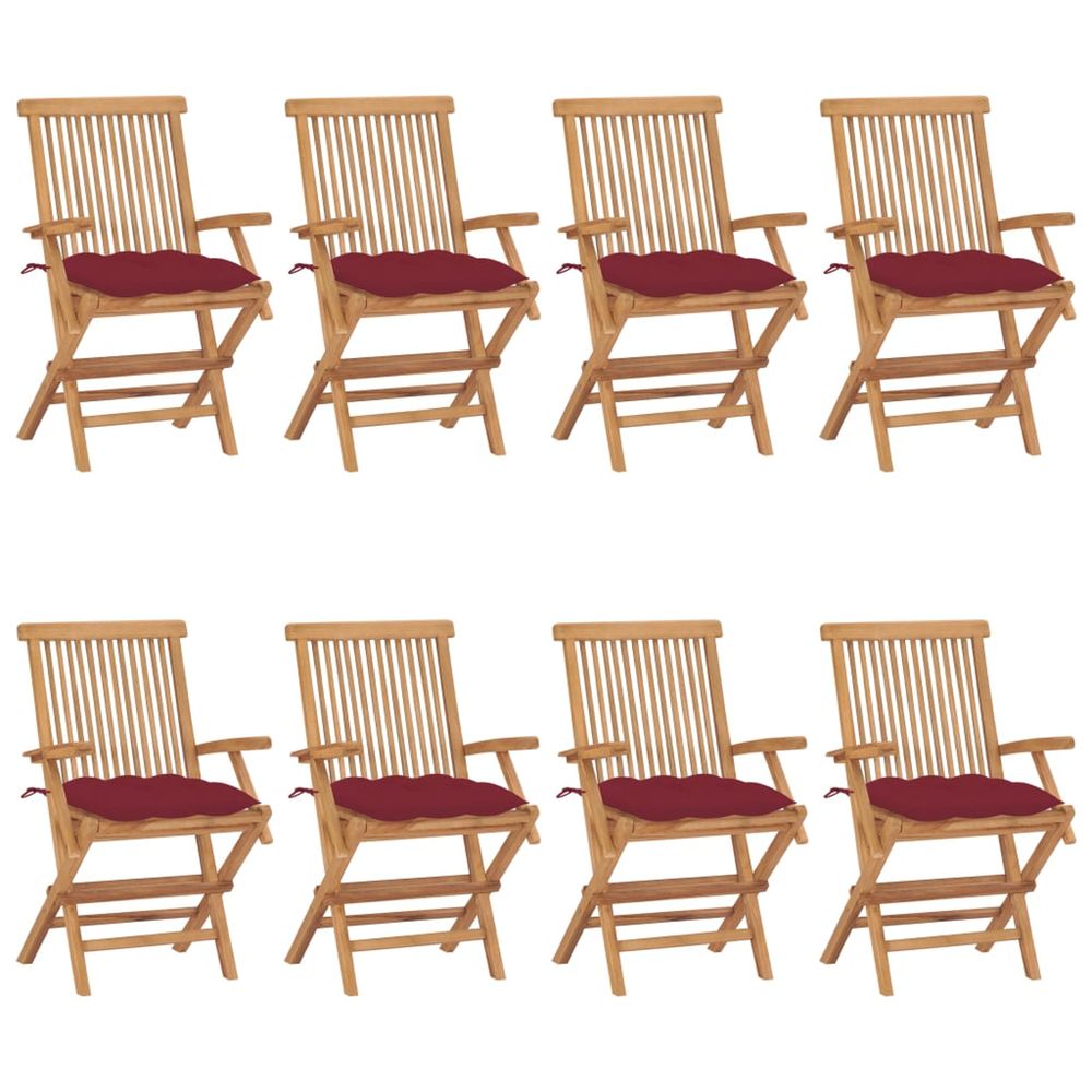 Chaises pliantes avec coussins rouge vin, 8 pièces, en bois de teck massif