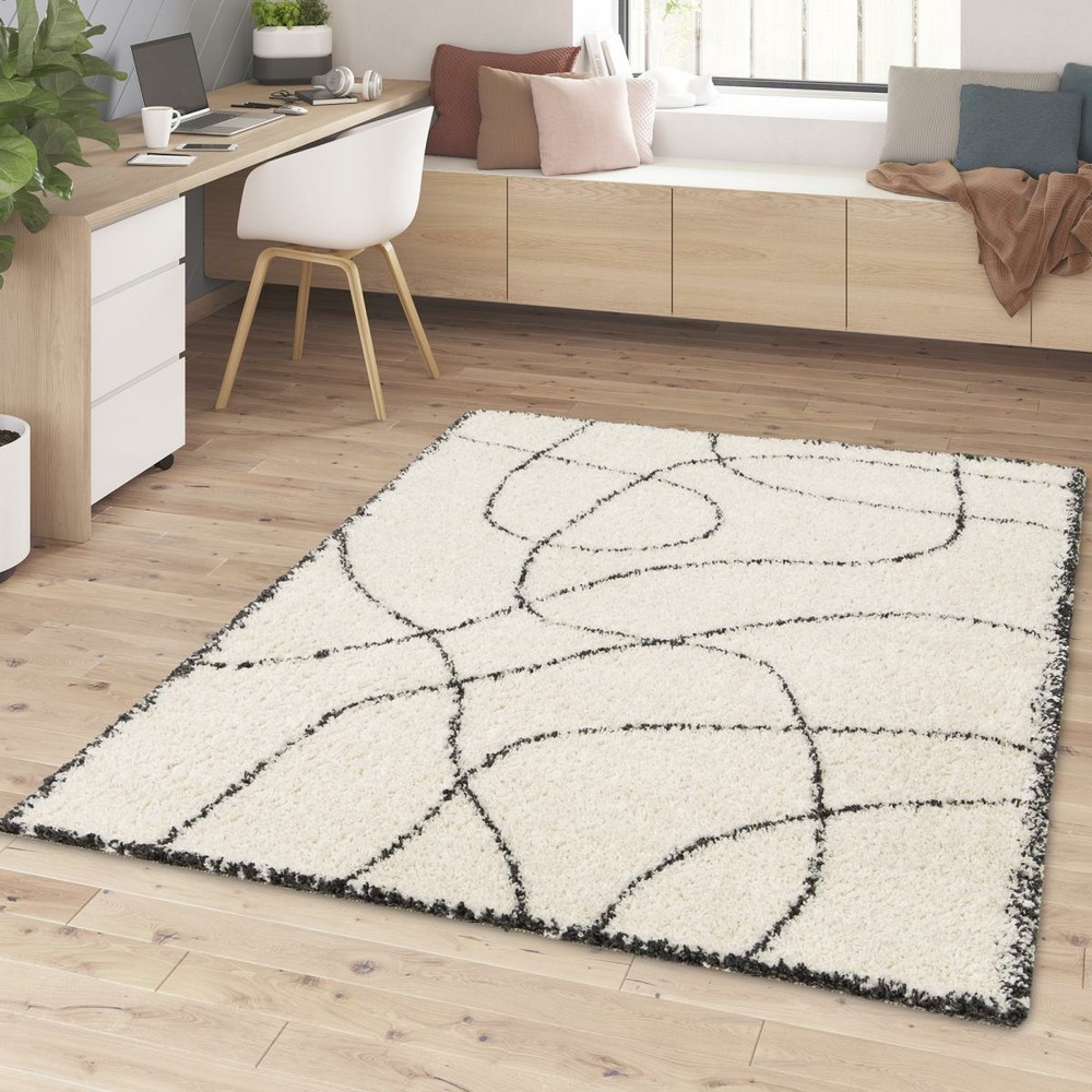 Tapis shaggy 80x150 rectangle tissé beige et noir motif berbère croma 10