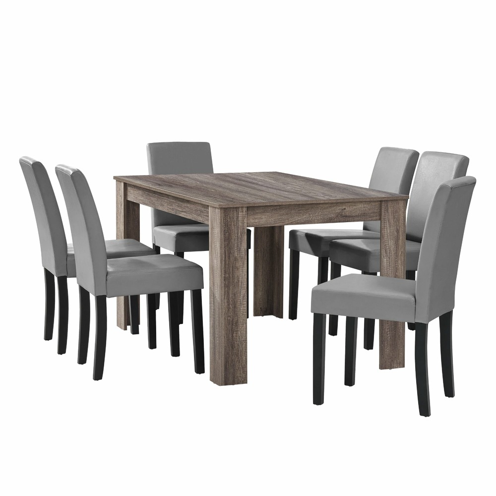 Table à manger 140 cm avec 6 chaises rembourré gris