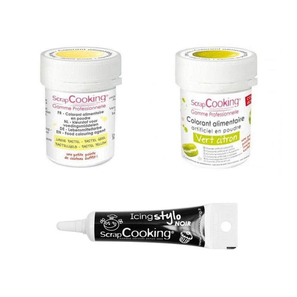 2 colorants alimentaires vert citron-jaune pastel + stylo glaçage noir