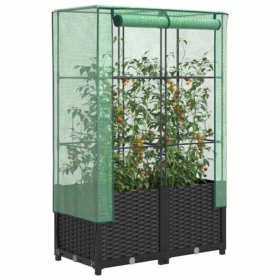 Jardinière surélevée avec serre de culture aspect rotin noir 80cm