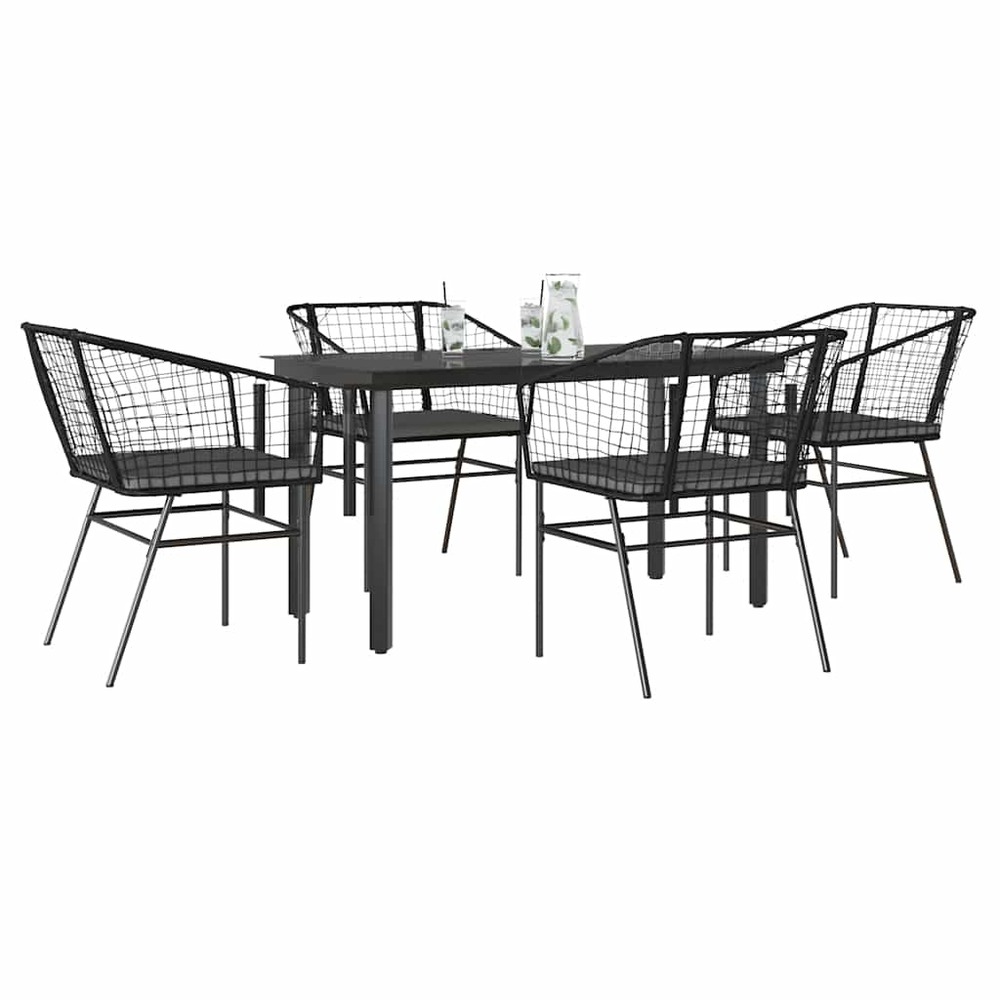 Ensemble à manger de jardin et coussins 5 pcs noir rotin verre