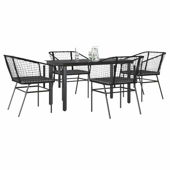 Ensemble à manger de jardin et coussins 5 pcs noir rotin verre