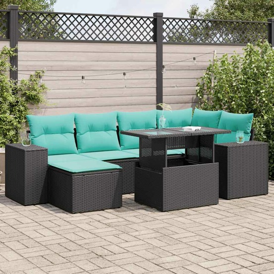 Salon de jardin avec coussins 9 pcs noir résine tressée acacia