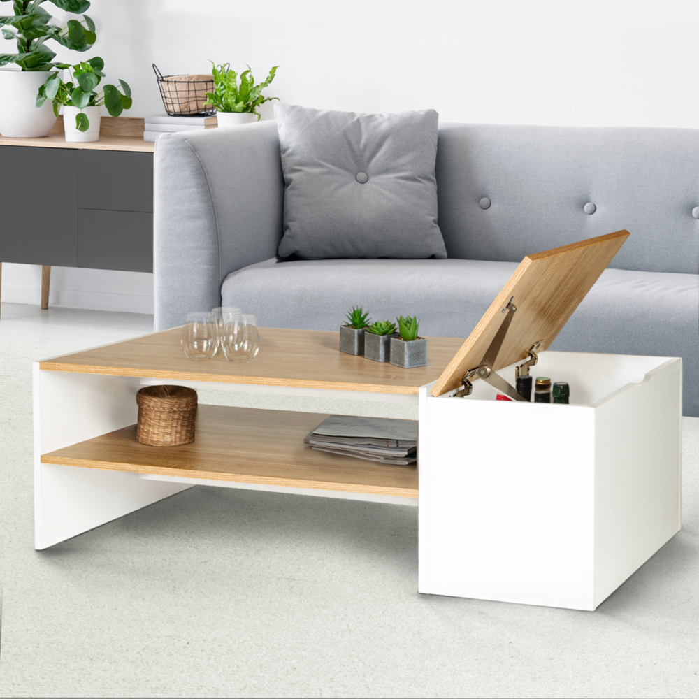 Table basse bar contemporaine rectangulaire izia avec coffre blanc et plateaux bois