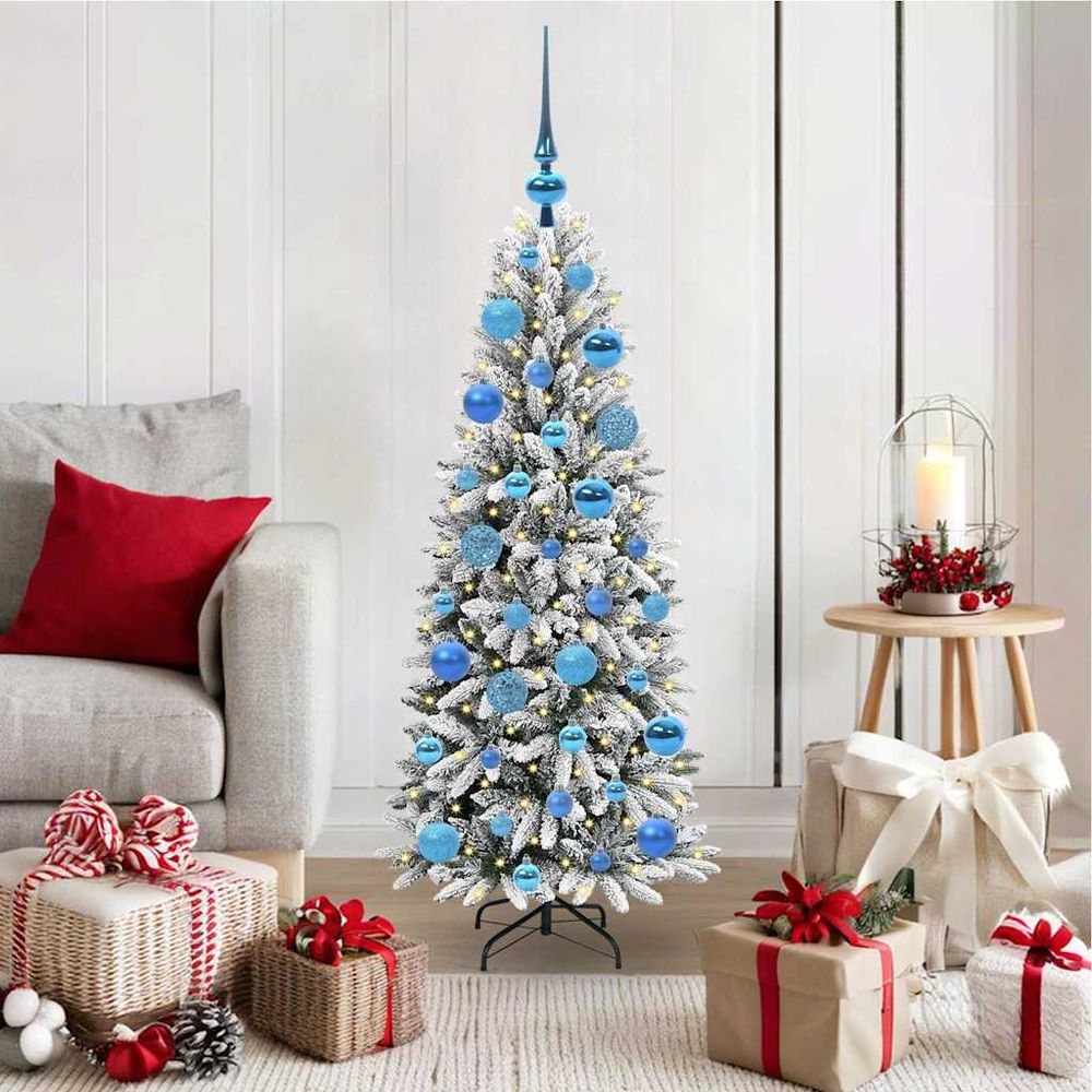 Sapin de noël blanc hivernal 1.20m, kit complet avec 61 boules et éclairage led