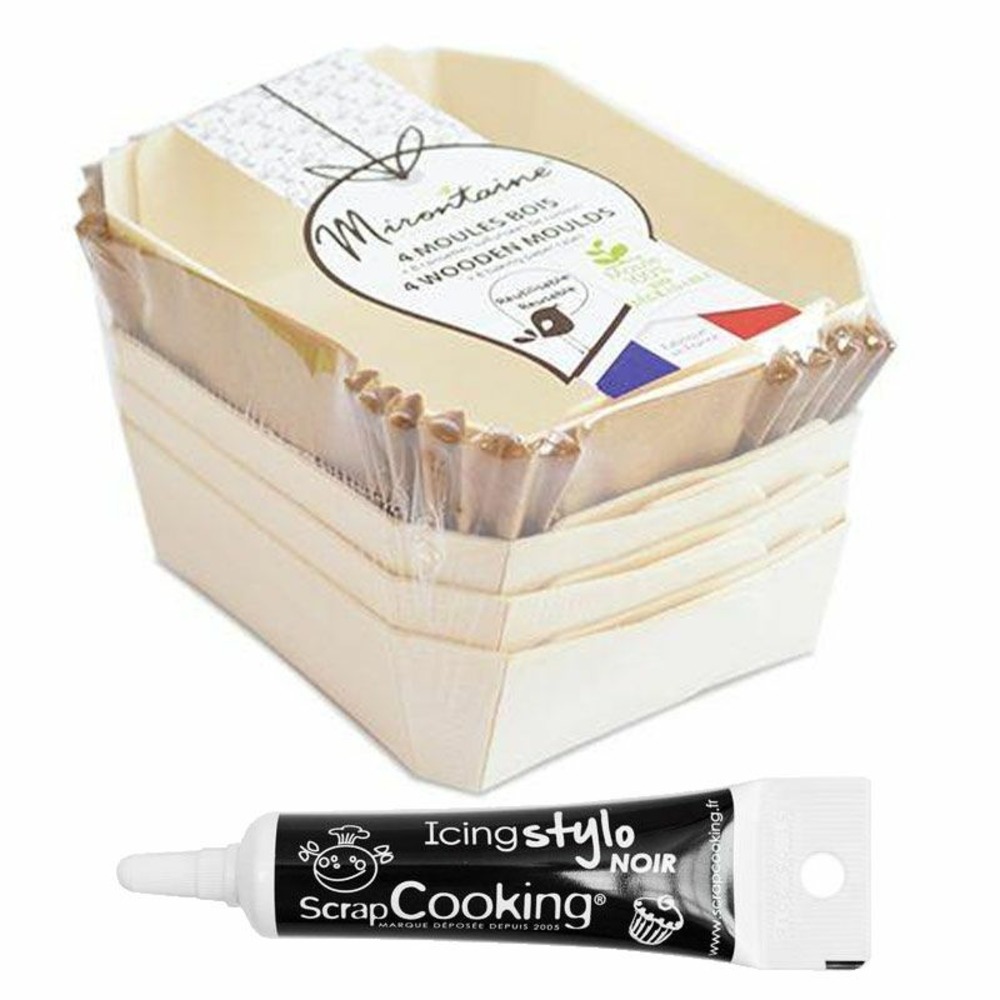 4 moules individuels en bois rectangle + 8 caissettes sulfurisées de cuisson + stylo de glaçage noir