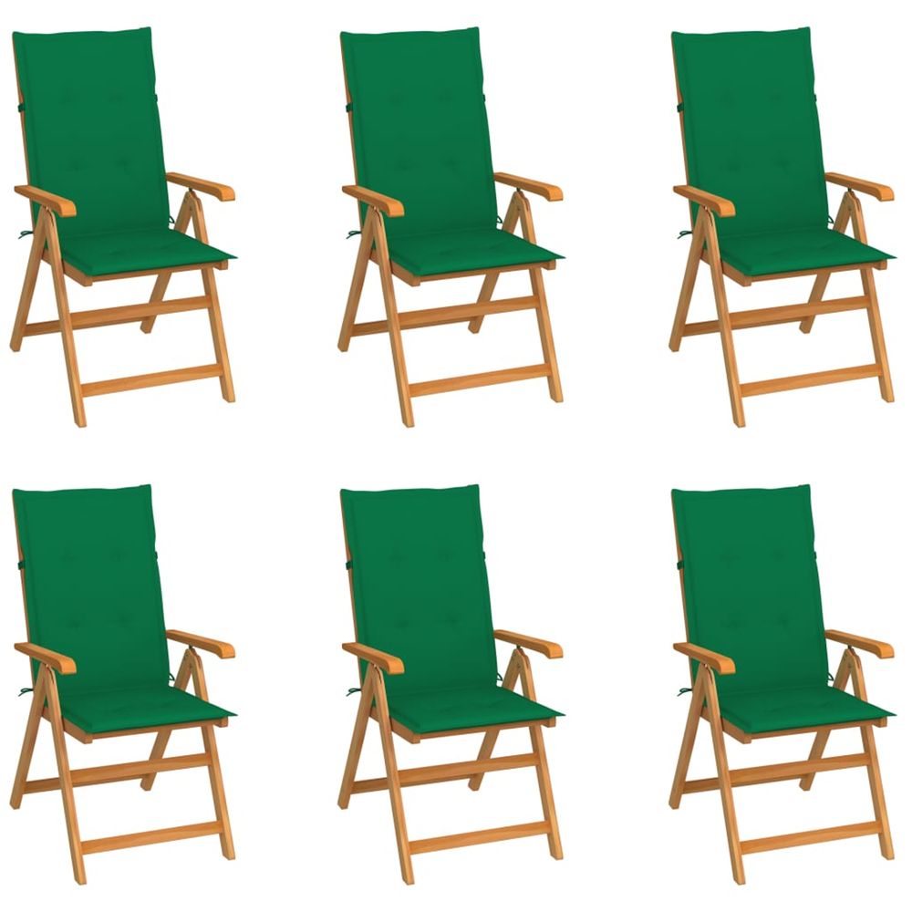 Ensemble de 6 chaises pliantes en teck massif avec coussins verts