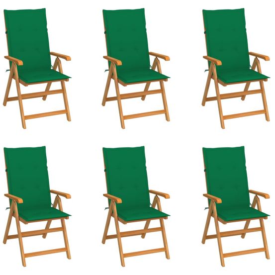 Ensemble de 6 chaises pliantes en teck massif avec coussins verts