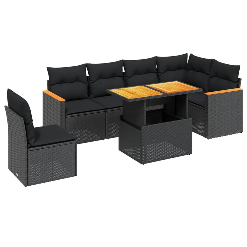Salon de jardin 7 pcs avec coussins noir résine tressée