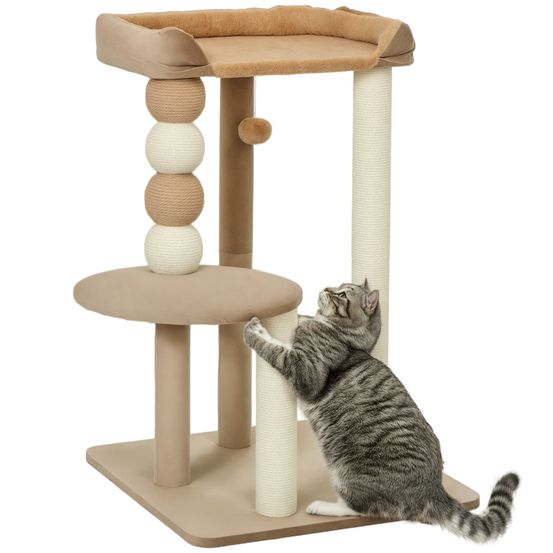Arbre à chat bois peluche pour grand chat plateformes de repos 86cm marron