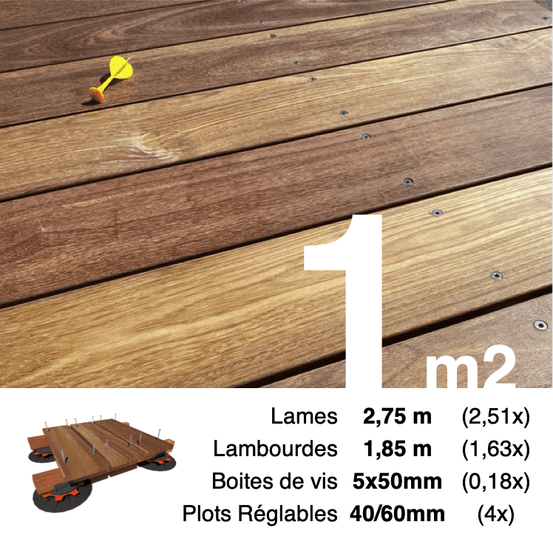 Kit complet terrasse bois exotique cumaru pour 1 m², lames 2,75 m, lambourdes 1,85 m, plots réglables et visserie inox.