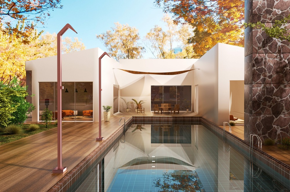 Douche de piscine en acier 316 design rose corail avec diffusor cascade