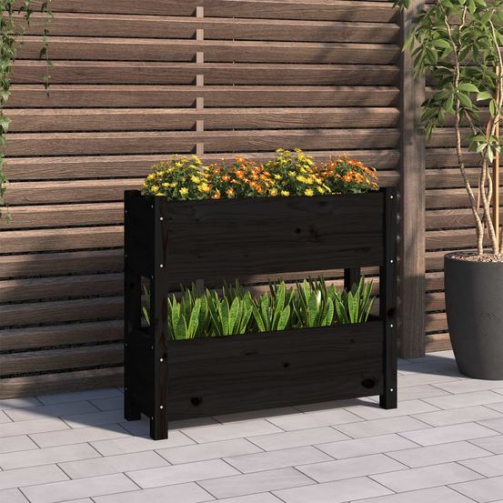 Jardinière étagère 2 bacs en bois de pin petit balcon 77 cm noir