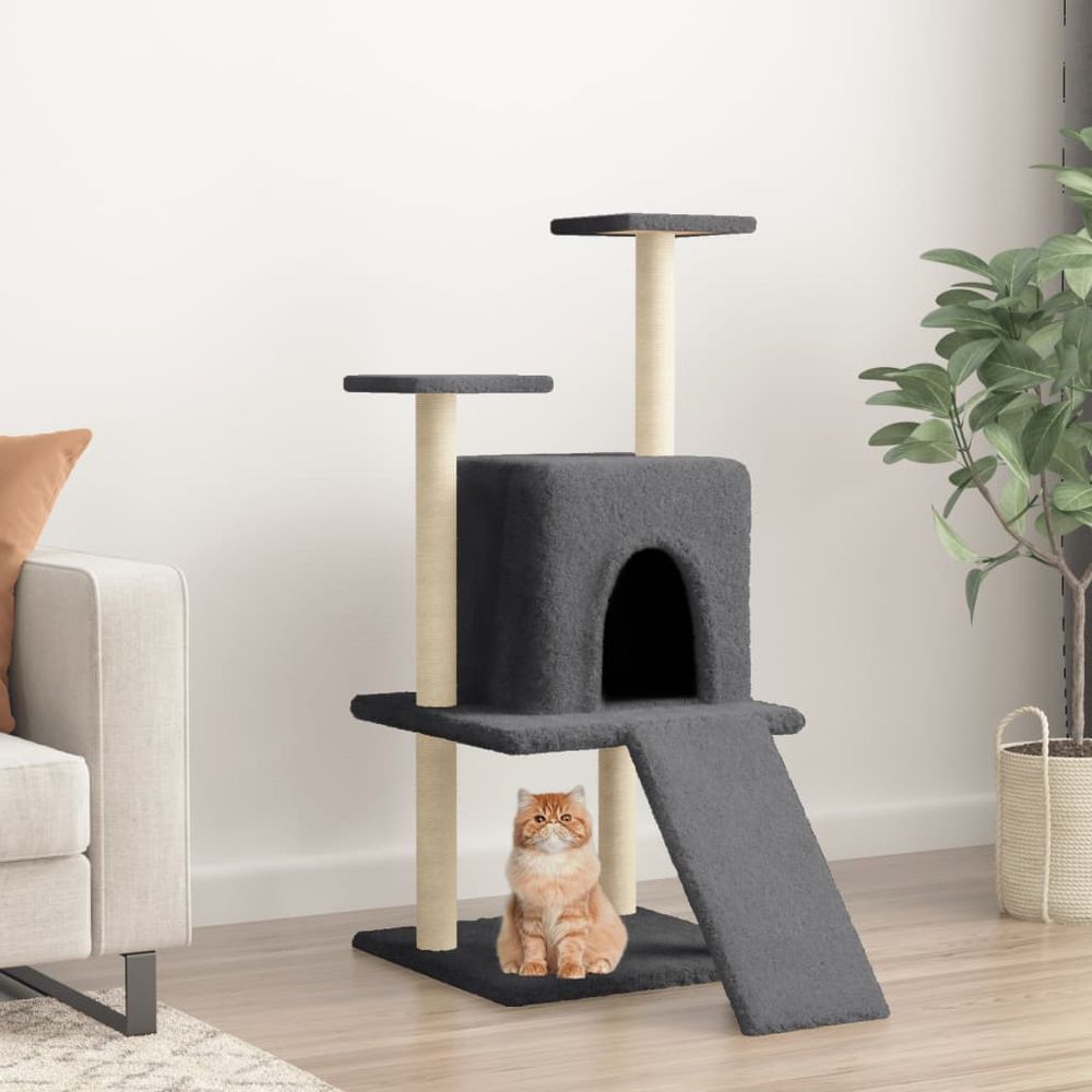 Arbre à chat multi-niveaux 110 cm avec niche confortable, échelle et poteaux à griffer en sisal gris foncé