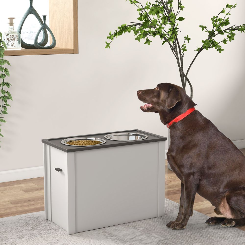 Gamelle chien surélevée mdf rangement 2 bols inox grand chien blanc 60cm - comfortxl pet living
