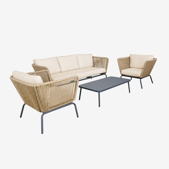 Salon de jardin bas singapour, résine tressée effet corde, 5 places, coussins déhoussables