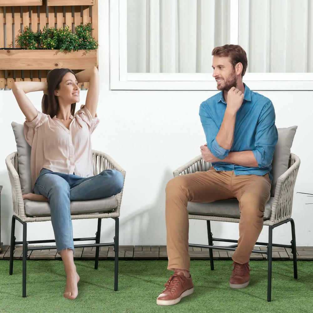 Lot de 2 fauteuils chaises de jardin 2 places et métal et corde pe avec coussins, noir et gris