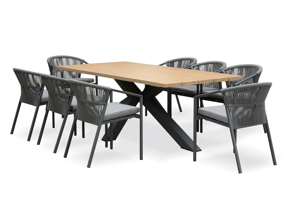 Ensemble table de jardin kelia (220x102 cm) en aluminum et plateau aspect bois et 8 fauteuils gambi - gris anthracite