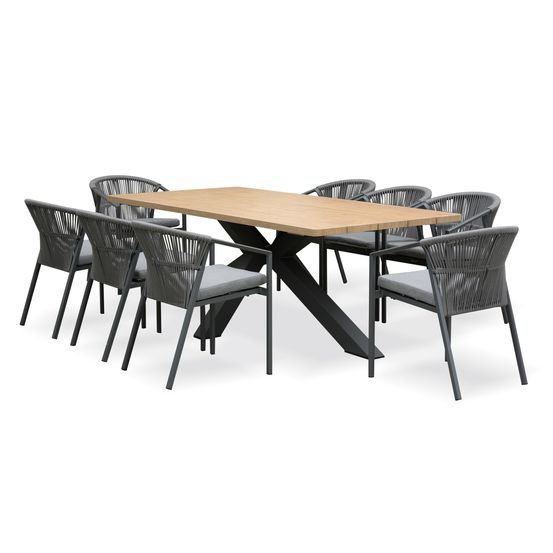 Ensemble table de jardin kelia (220x102 cm) en aluminum et plateau aspect bois et 8 fauteuils gambi - gris anthracite