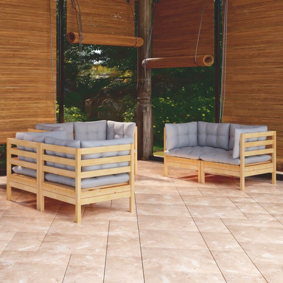 Salon de jardin 6 pcs avec coussins gris bois de pin massif
