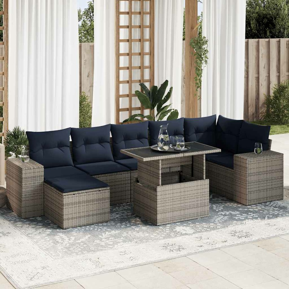 Salon de jardin avec coussins 8 pcs gris résine tressée acacia