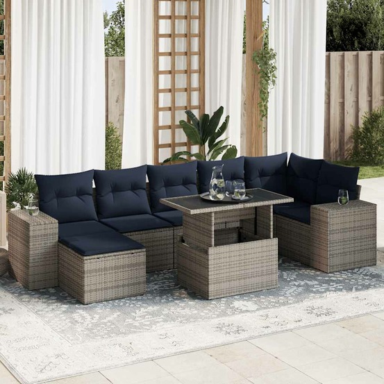 Salon de jardin avec coussins 8 pcs gris résine tressée acacia