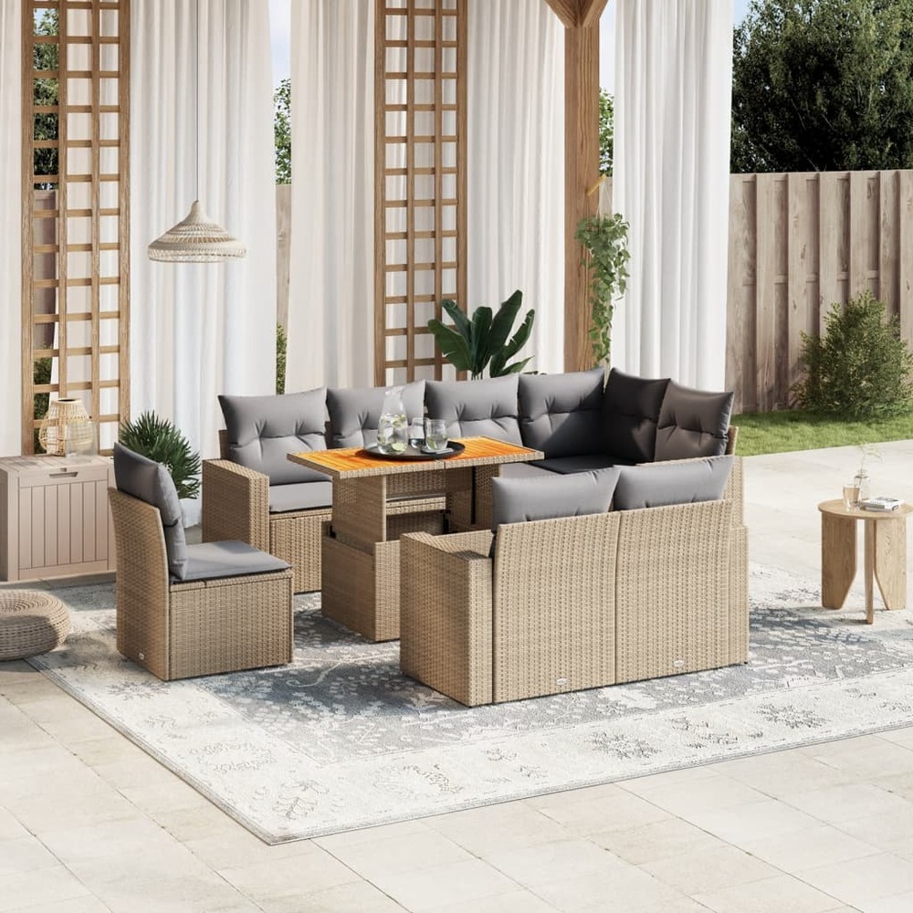 Salon de jardin avec coussins 9 pcs beige résine tressée
