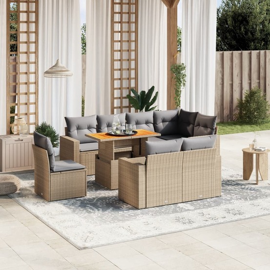 Salon de jardin avec coussins 9 pcs beige résine tressée