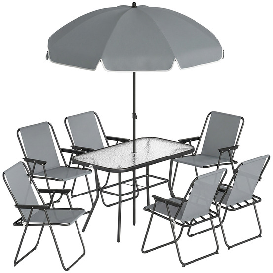 Mobilier de jardin : table verre 119x68 cm + 6 chaises pliantes + trou parasol, motif vagues, gris
