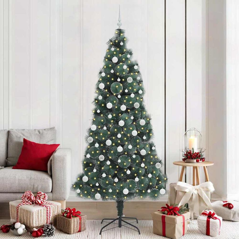 Sapin de noël design conique vert, kit complet avec bandes led et 120 boules déco