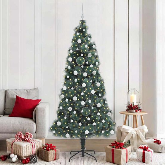 Sapin de noël design conique vert, kit complet avec bandes led et 120 boules déco