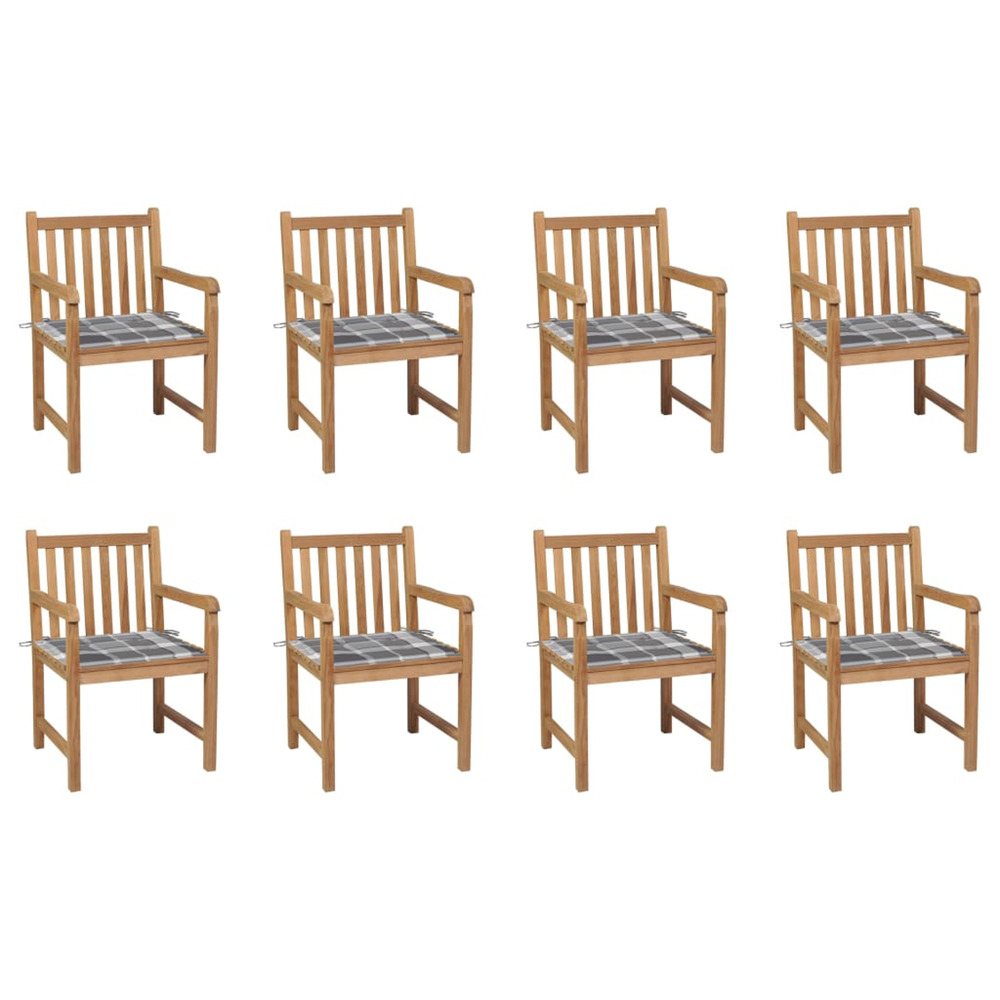 Chaises de jardin lot de 8 et coussins carreaux gris bois teck